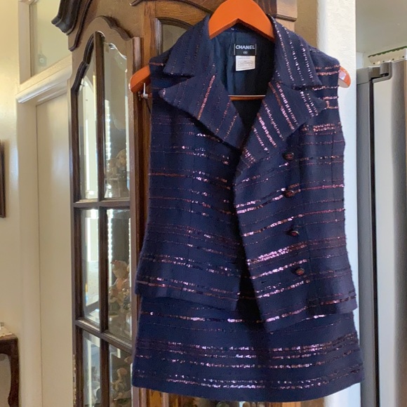 CHANEL SET Navy and Pink Striped JACKET AND SKIRT - Picture 1 of 10